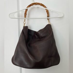 Brown Leather Hobo Bag with Bamboo Handle